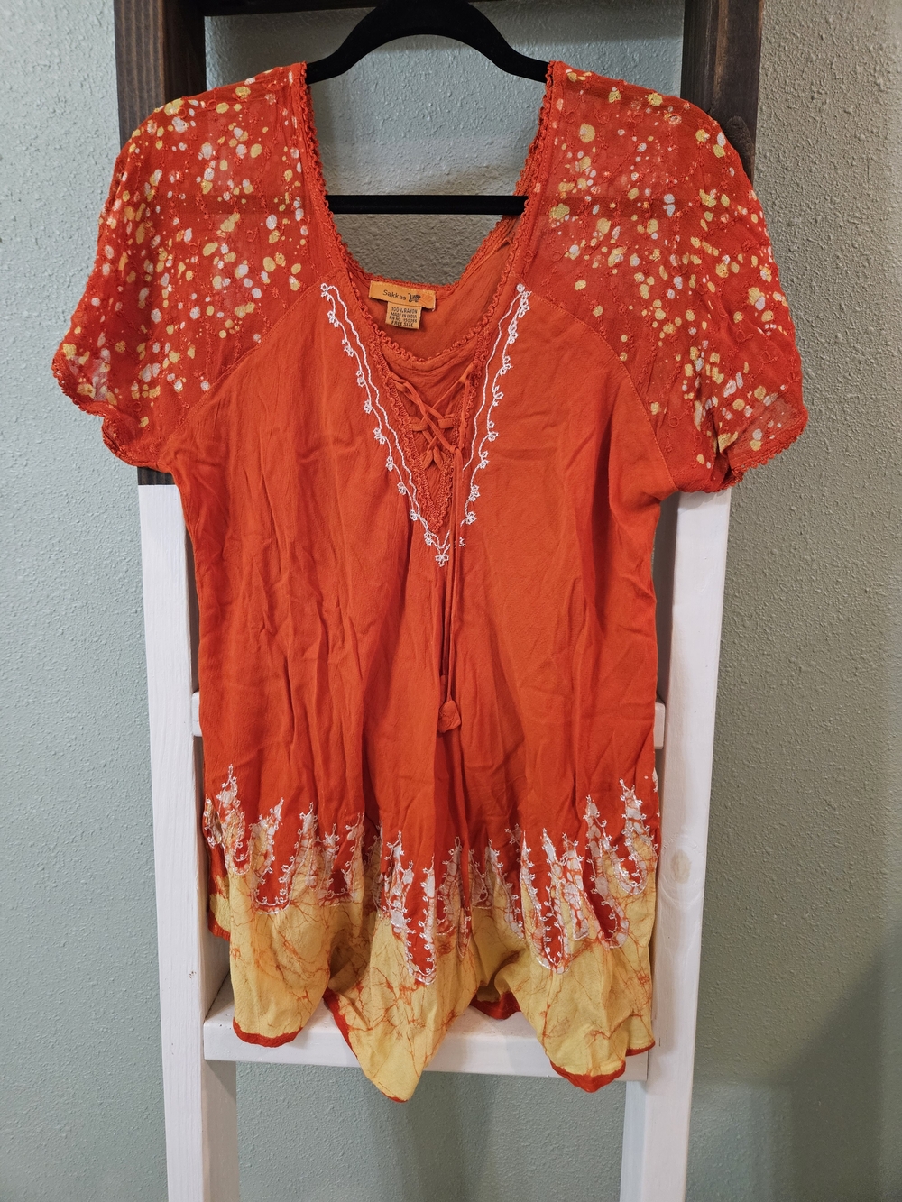 Sakkas Orange Embroidered Batik Tie Dye Cap Sleeve Boho Blouse Top NWOT Size M